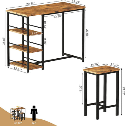 DKLGG 2-Person Pub Dining Table Set - Vintage Brown Design for Cozy Dining