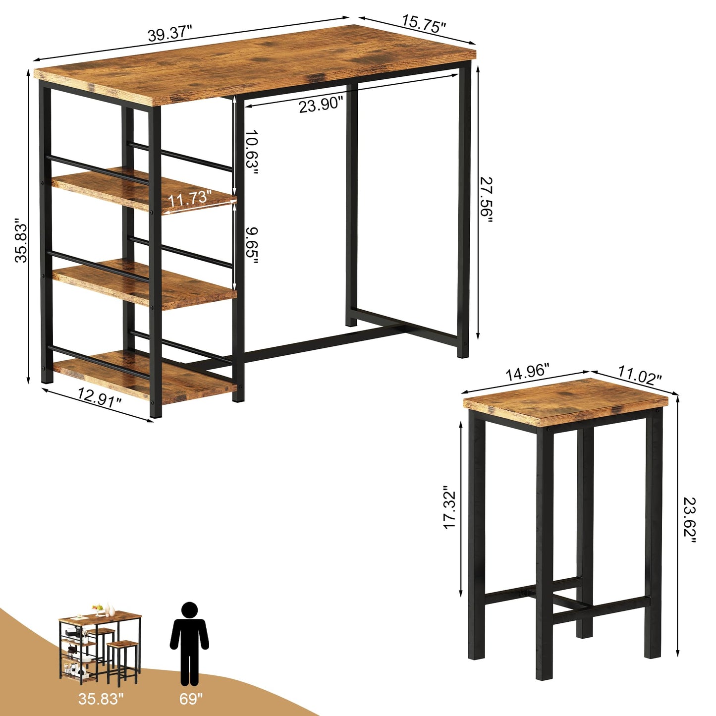 DKLGG Modern 3-Piece Industrial Bar Set for 2 - Stylish Table with Integrated Storage Solutions