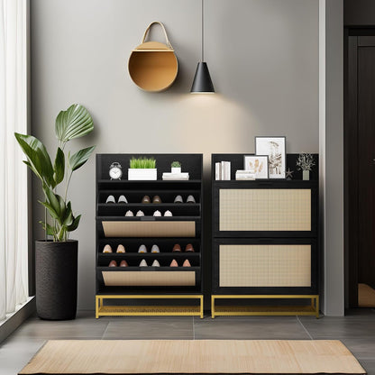 DKLGG Shoe Cabinet with 2 Flip-Flop Drawers - Stylish Natural Rattan Design for Organized Spaces