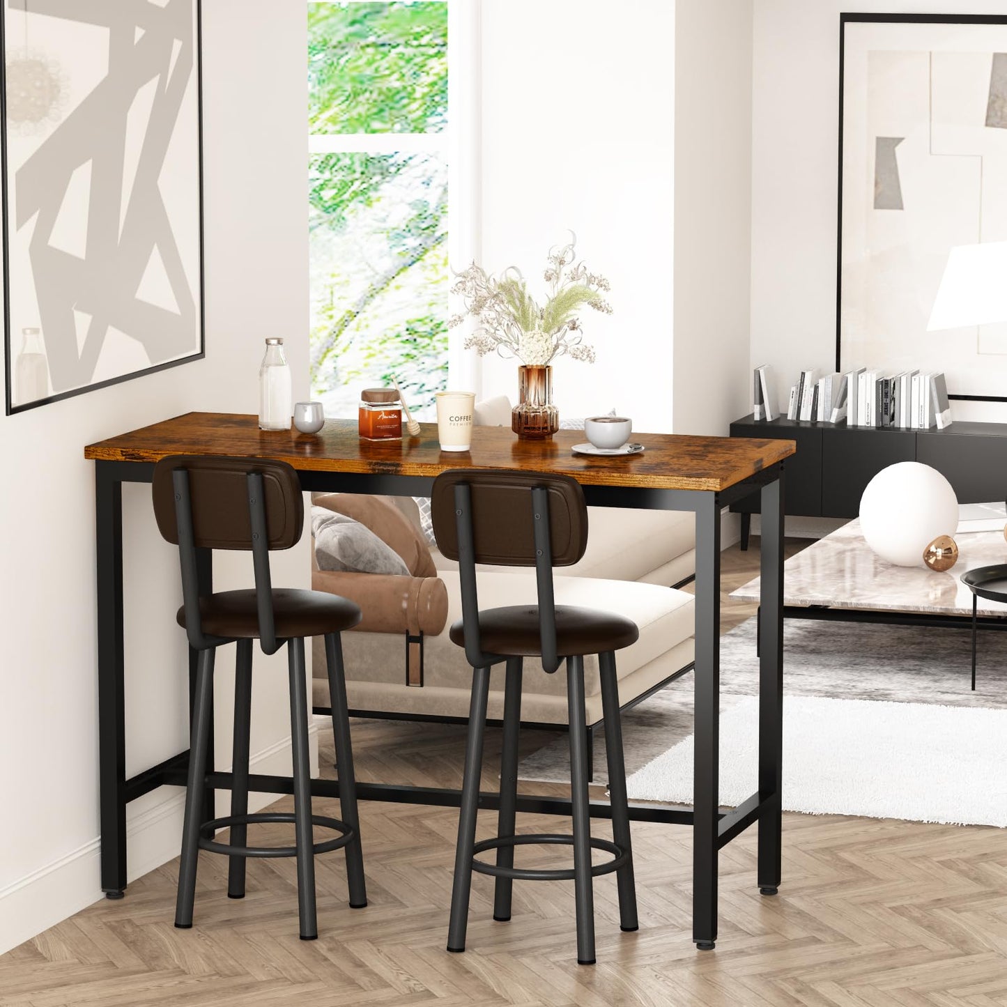 DKLGG Industrial style bar height table set of 3 pieces - brown and black with 2 PU leather chairs