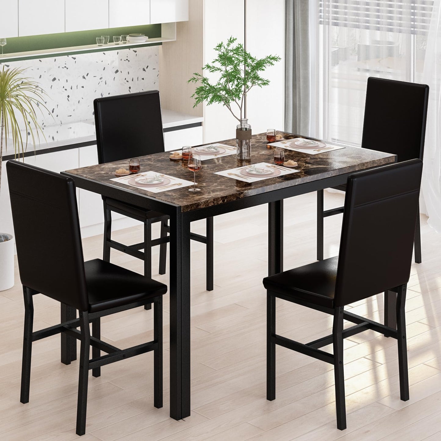 DKLGG 5-Piece Faux Marble Dining Table Set for 4, Space-Saving Design