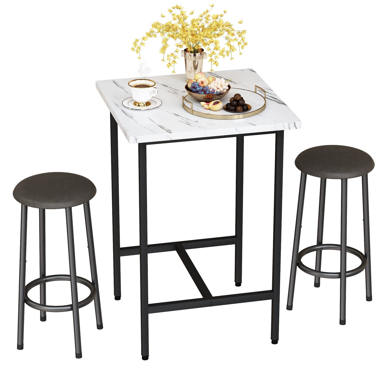 DKLGG Versatile 3-Piece Kitchen Table Set - White Faux Marble Top and Matching Stools for Modern Spaces