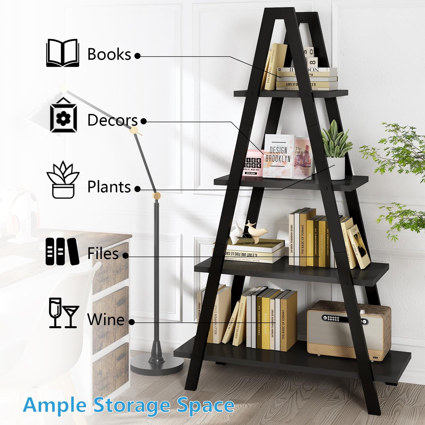 DKLGG 4-Shelf Bookcase, A-Shelf, Industrial Ladder Shelf, Open Storage Cabinet for Home Office