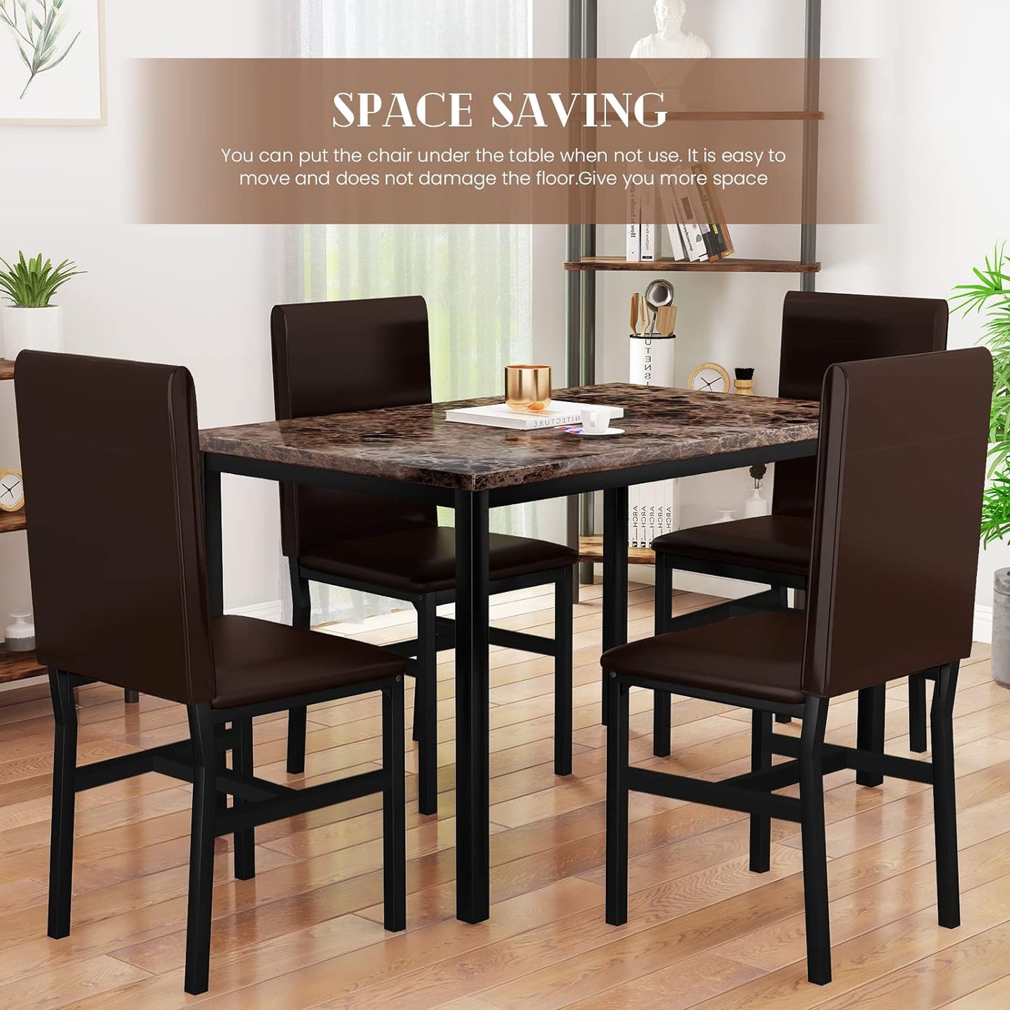 DKLGG Stylish 5-Piece Dining Set for 4 – Faux Marble Table and Rich Brown Chairs