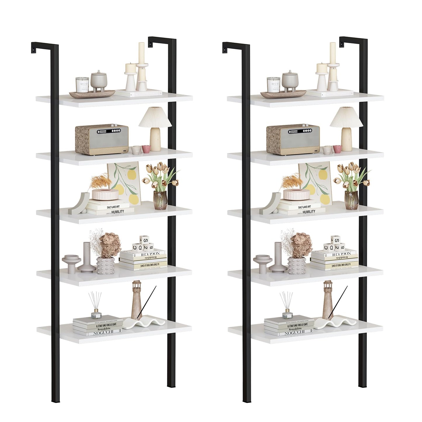 DKLGG 5-Shelf Ladder Bookcase - Stylish Black and White Metal Frame, Set of 2 for Modern Spaces