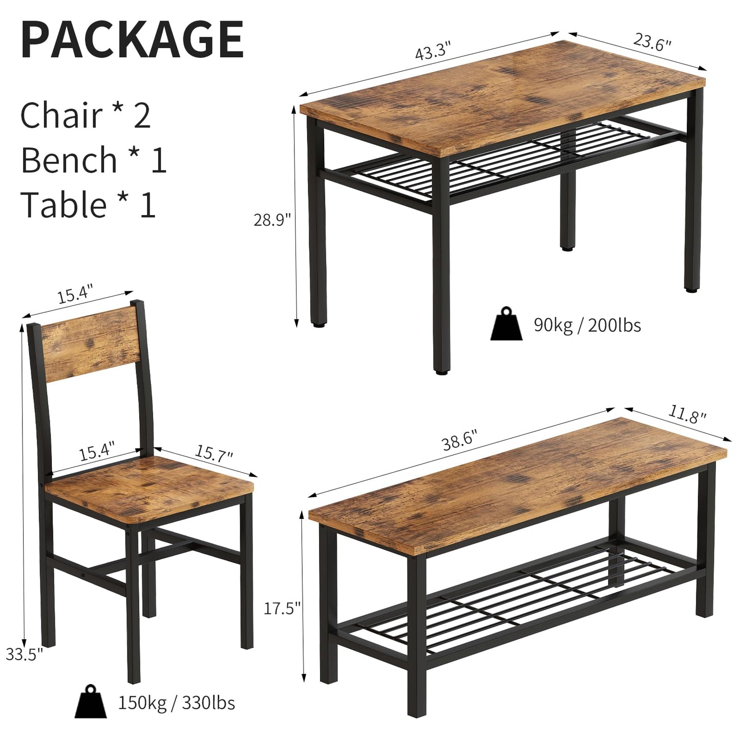 DKLGG 4-Piece Dining Table Set for 4 - Rustic Brown Table with Built-In Storage Shelves