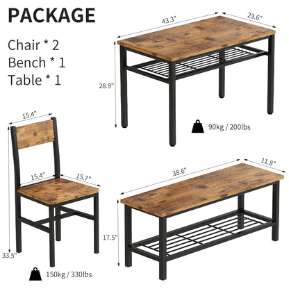 DKLGG 4-Piece Dining Table Set for 4 - Rustic Brown Table with Built-In Storage Shelves