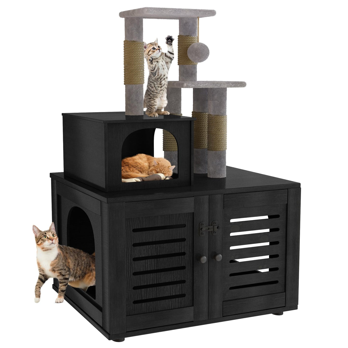 DKLGG Soft Perch Large Wooden Cat House with Litter Pan - Cozy Retreat for Your Feline Friend