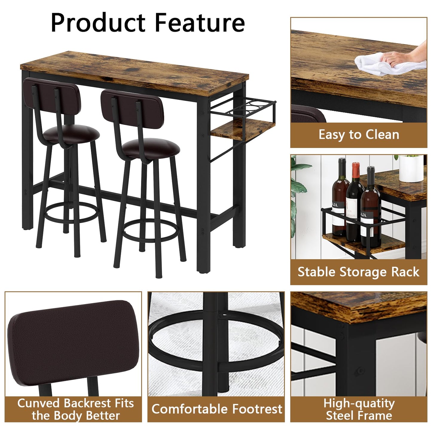 DKLGG Compact Kitchen Table Set - Bar Table and 3 Chairs for Small Spaces