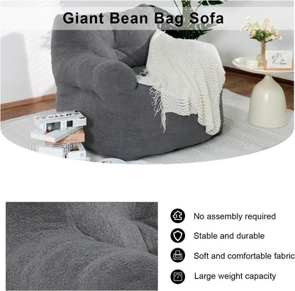 DKLGG Adult Jumbo Bean Bag Chair in Grey - Ultimate Comfort with Extra Padding