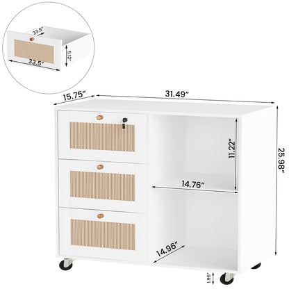 DKLGG White File Cabinet with Drawers and Locks, Wooden Printer Shelf with Locker, Rattan Office Locker