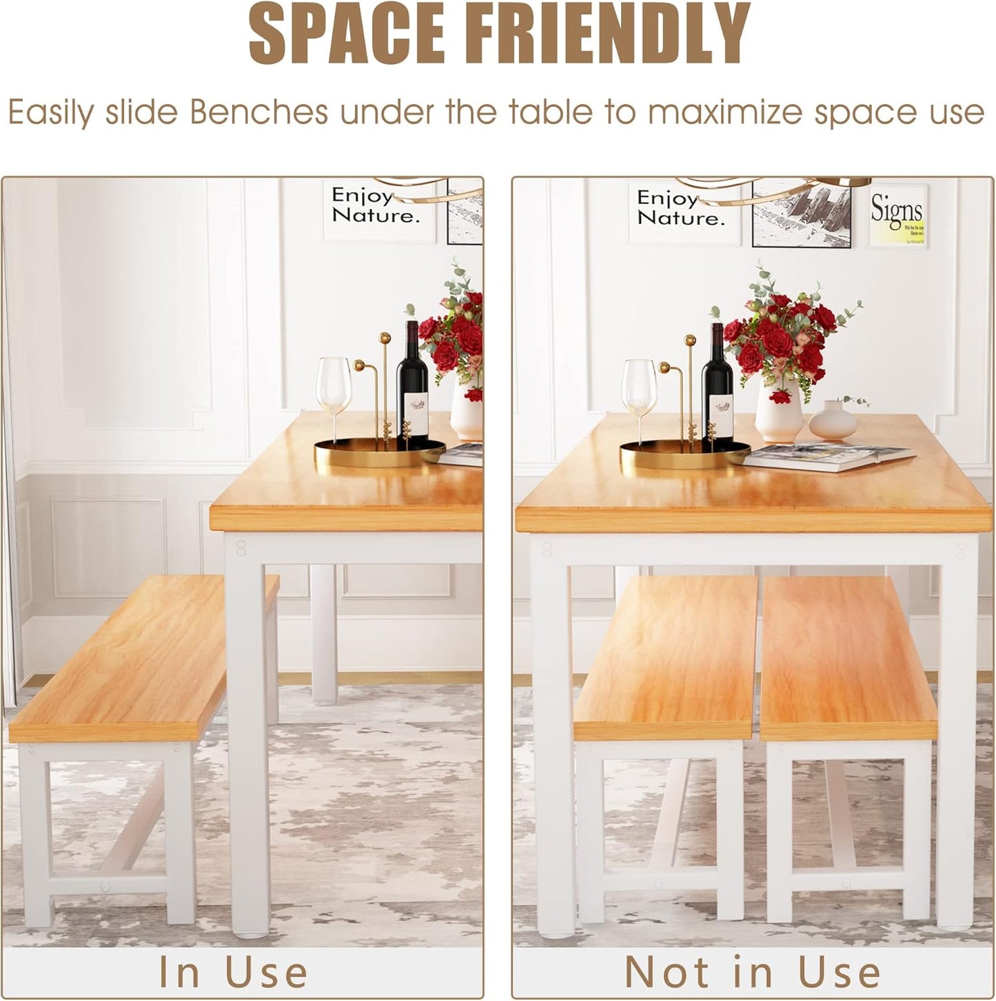 DKLGG Elegant Beige Dining Set - Spacious Kitchen Table with Two Benches for Cozy Family Dining