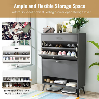 DKLGG Entryway Shoe Cabinet - Freestanding Gray Organizer with 2 Flip-Flop Drawers