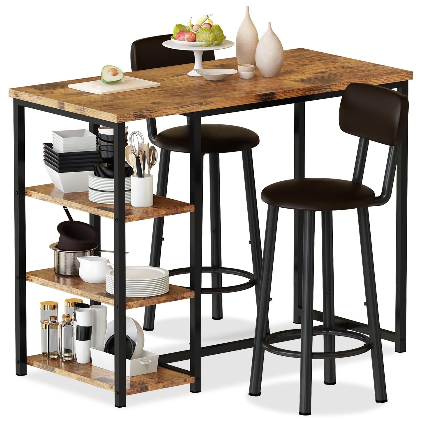 DKLGG Modern 3-Piece Industrial Bar Set for 2 - Stylish Table with Integrated Storage Solutions