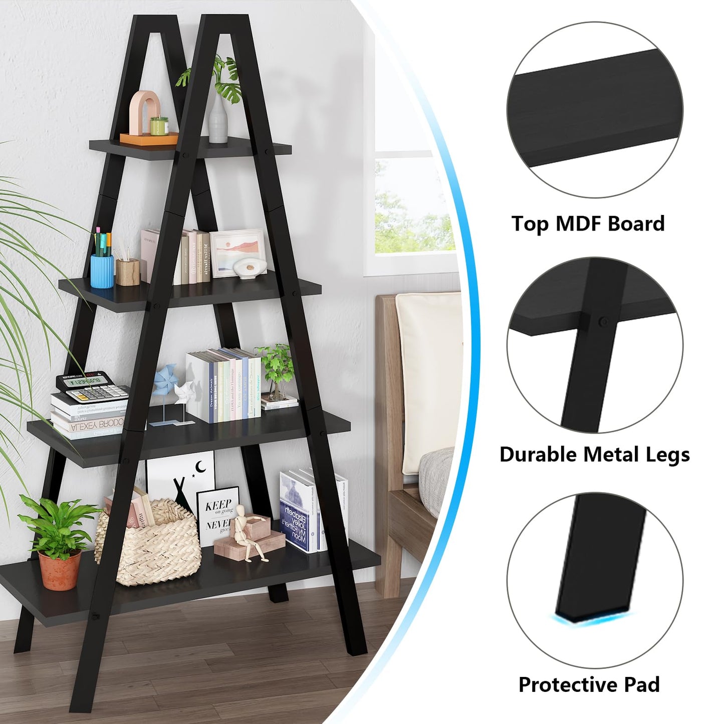 DKLGG 4-Shelf Bookcase, A-Shelf, Industrial Ladder Shelf, Open Storage Cabinet for Home Office