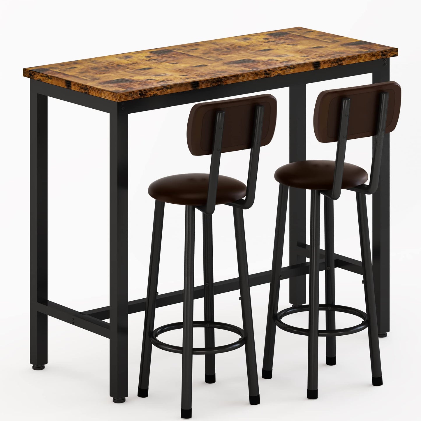 DKLGG Industrial style bar height table set of 3 pieces - brown and black with 2 PU leather chairs