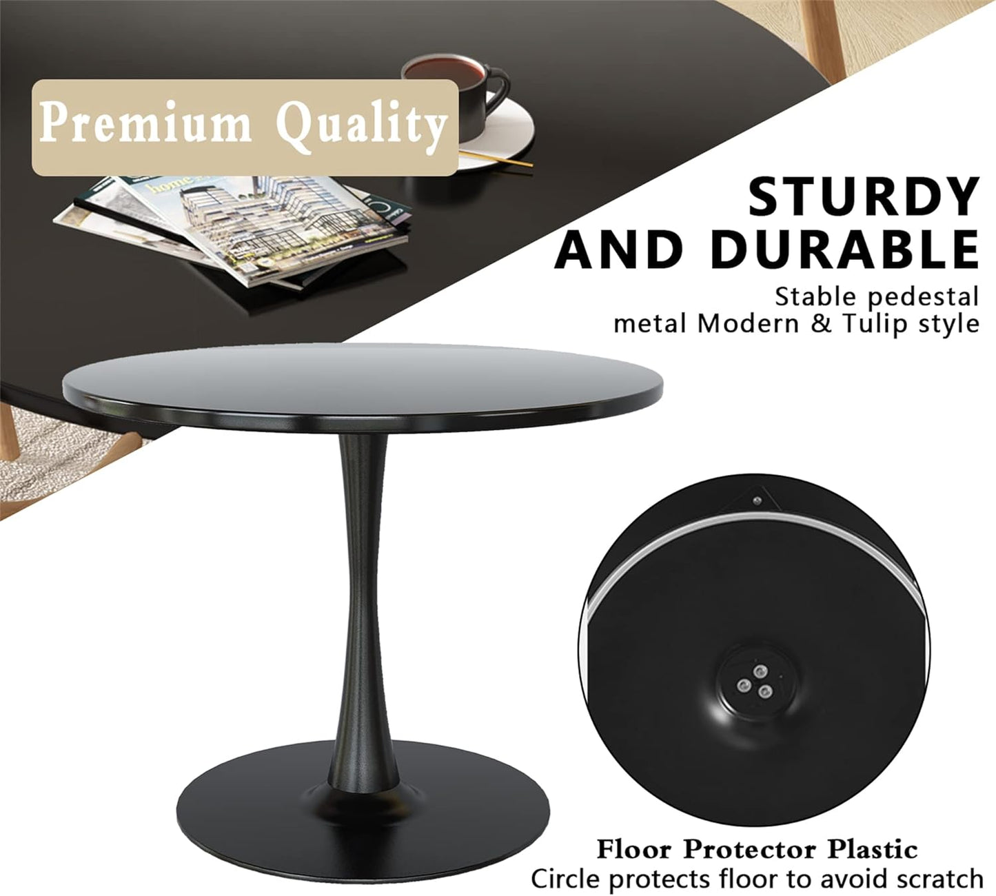 DKLGG 31.5'' Black Tulip Coffee Table - Modern Round MDF Top with Stylish Metal Base