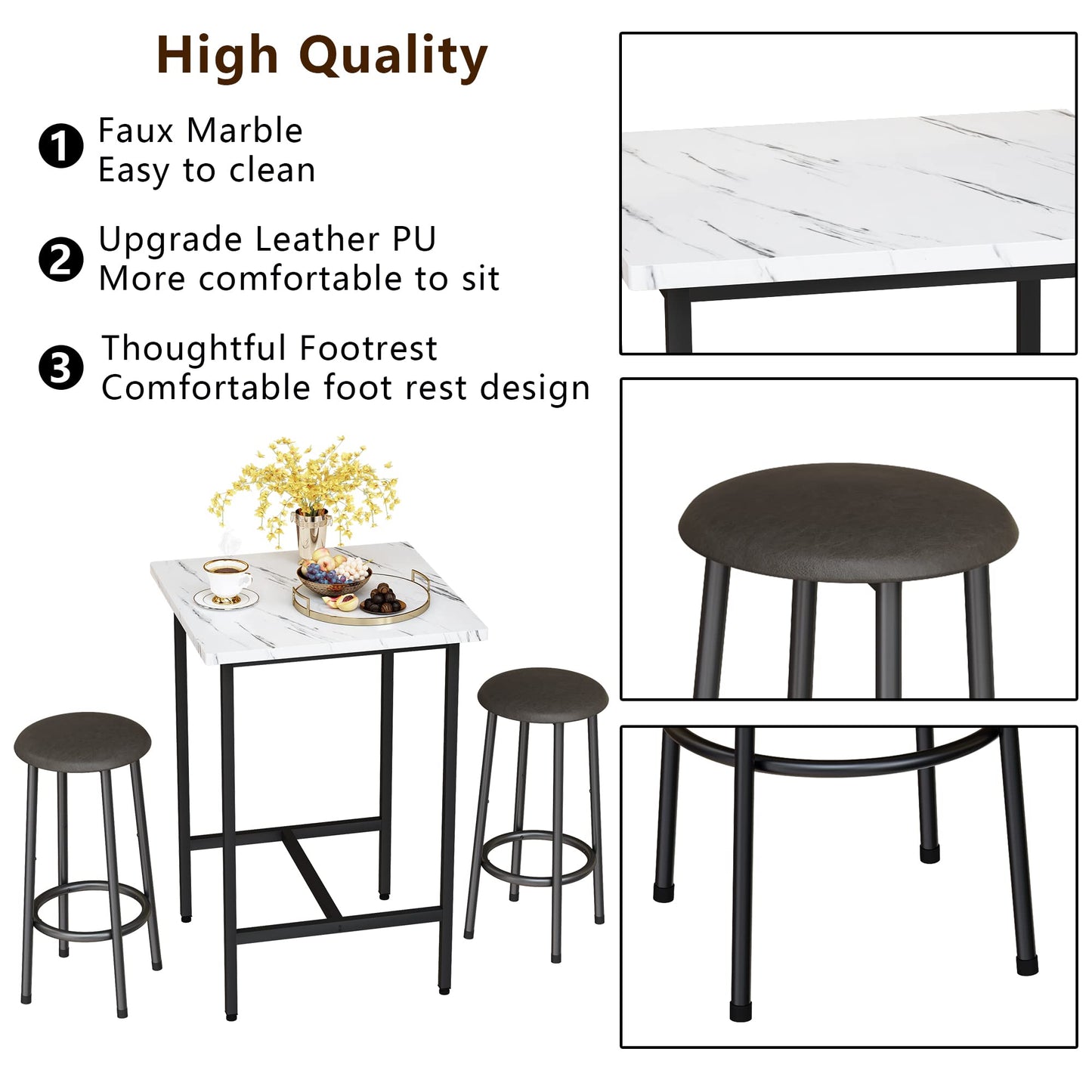 DKLGG Versatile 3-Piece Kitchen Table Set - White Faux Marble Top and Matching Stools for Modern Spaces