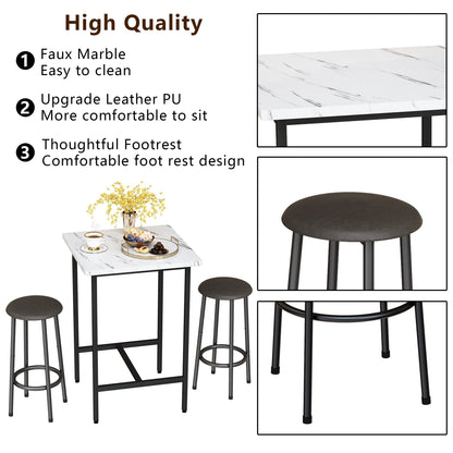 DKLGG Versatile 3-Piece Kitchen Table Set - White Faux Marble Top and Matching Stools for Modern Spaces