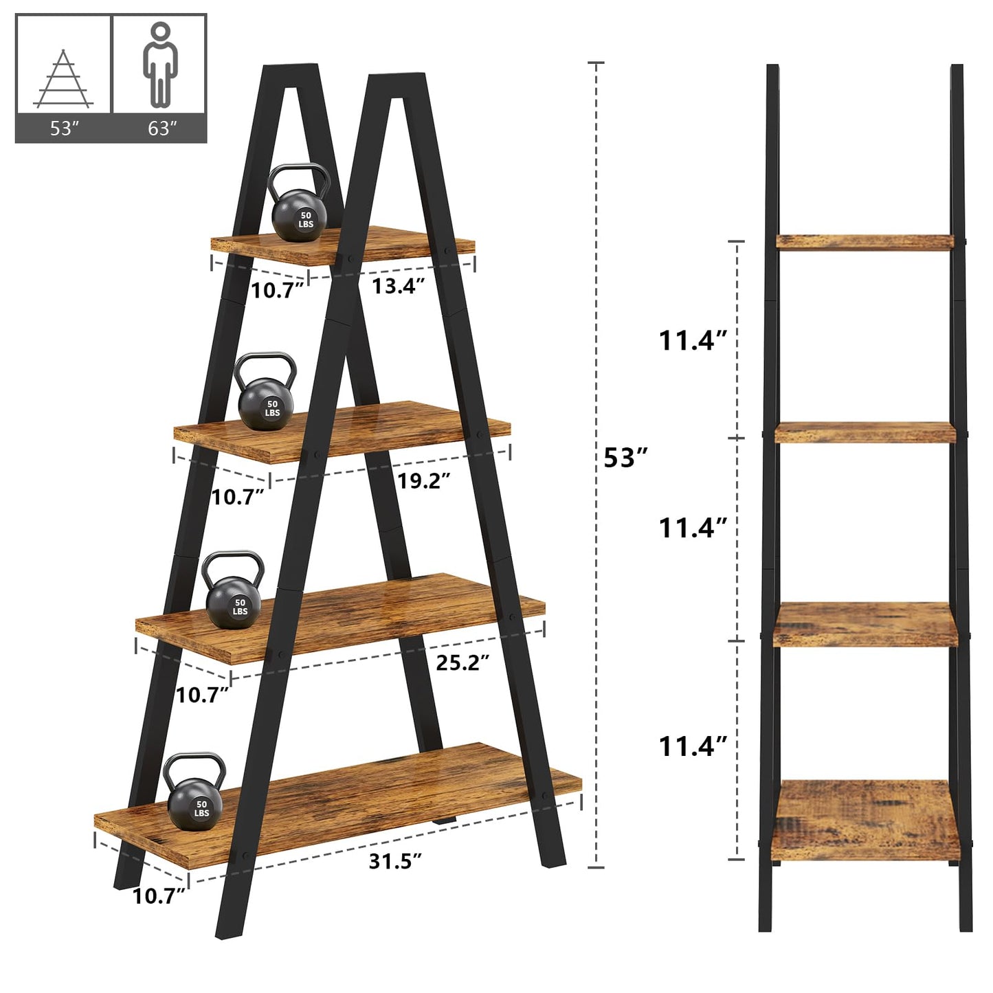 DKLGG 4-Shelf Bookcase, A-Shelf, Industrial Ladder Shelf, Open Storage Cabinet for Home Office