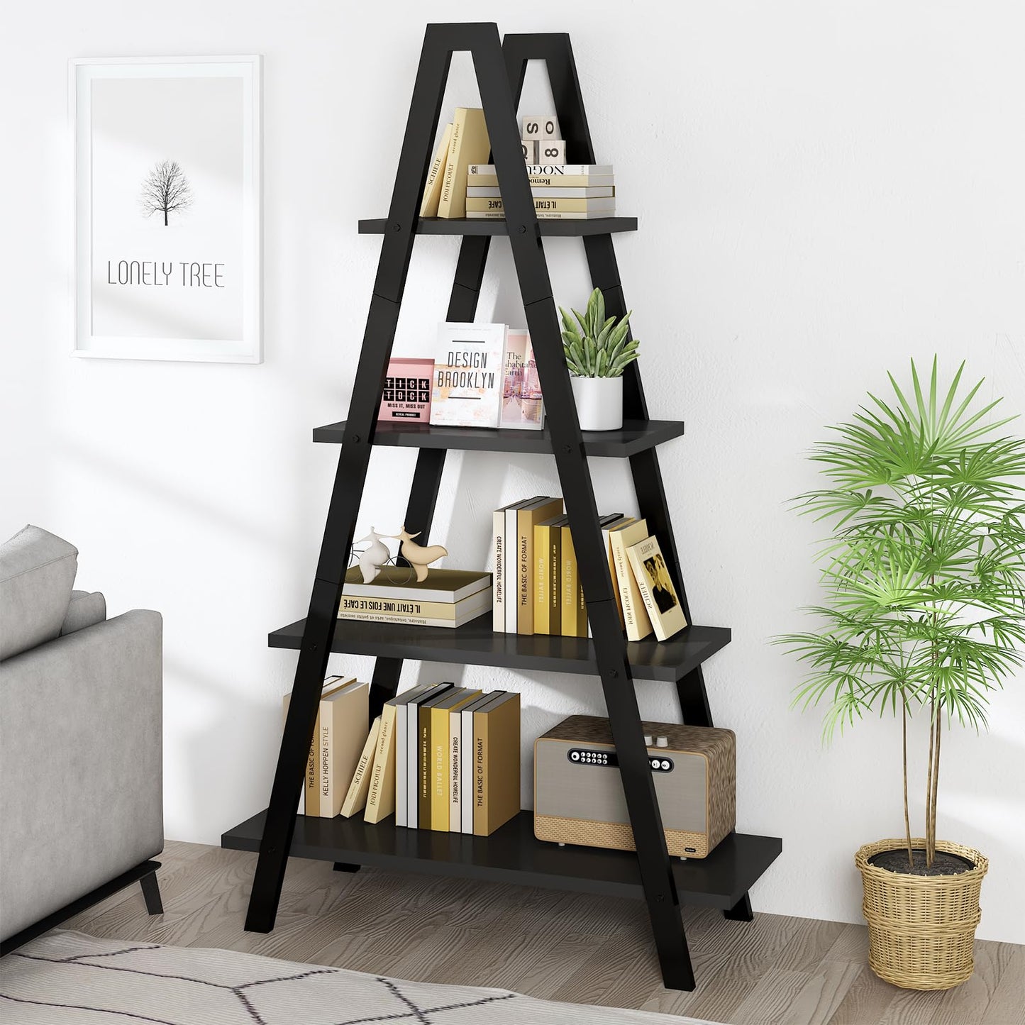 DKLGG 4-Shelf Bookcase, A-Shelf, Industrial Ladder Shelf, Open Storage Cabinet for Home Office