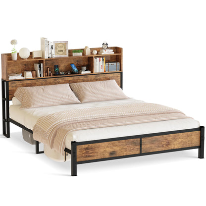 DKLGG Modern Queen Size Bed Frame - Walnut Finish with Functional Storage Headboard and Charging Station