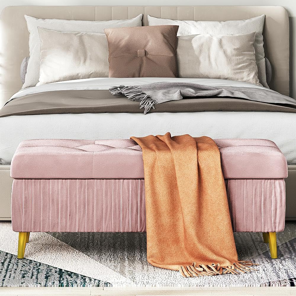 DKLGG Stylish Large Storage Ottoman - 47.24” Velvet Design in Gold and Pink for Your Home