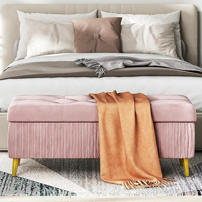 DKLGG Stylish Large Storage Ottoman - 47.24” Velvet Design in Gold and Pink for Your Home