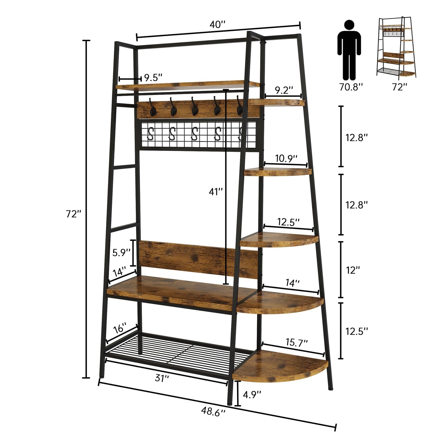 DKLGG 72” Industrial Hall Tree Freestanding Hanger, Hanger Rack with Storage