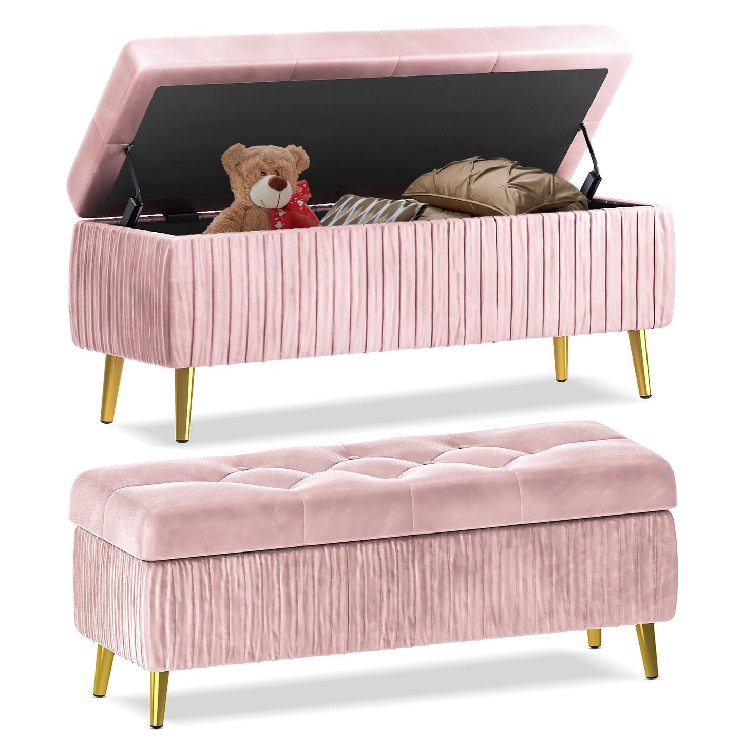 DKLGG Stylish Large Storage Ottoman - 47.24” Velvet Design in Gold and Pink for Your Home