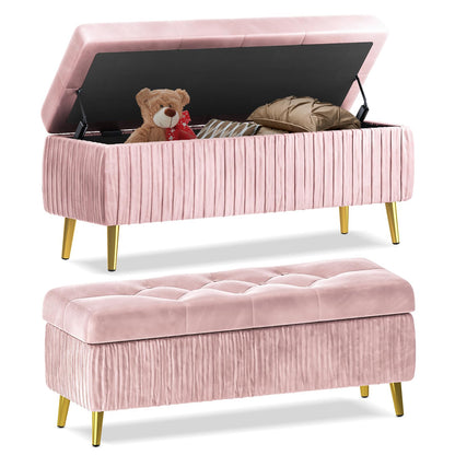 DKLGG Stylish Large Storage Ottoman - 47.24” Velvet Design in Gold and Pink for Your Home
