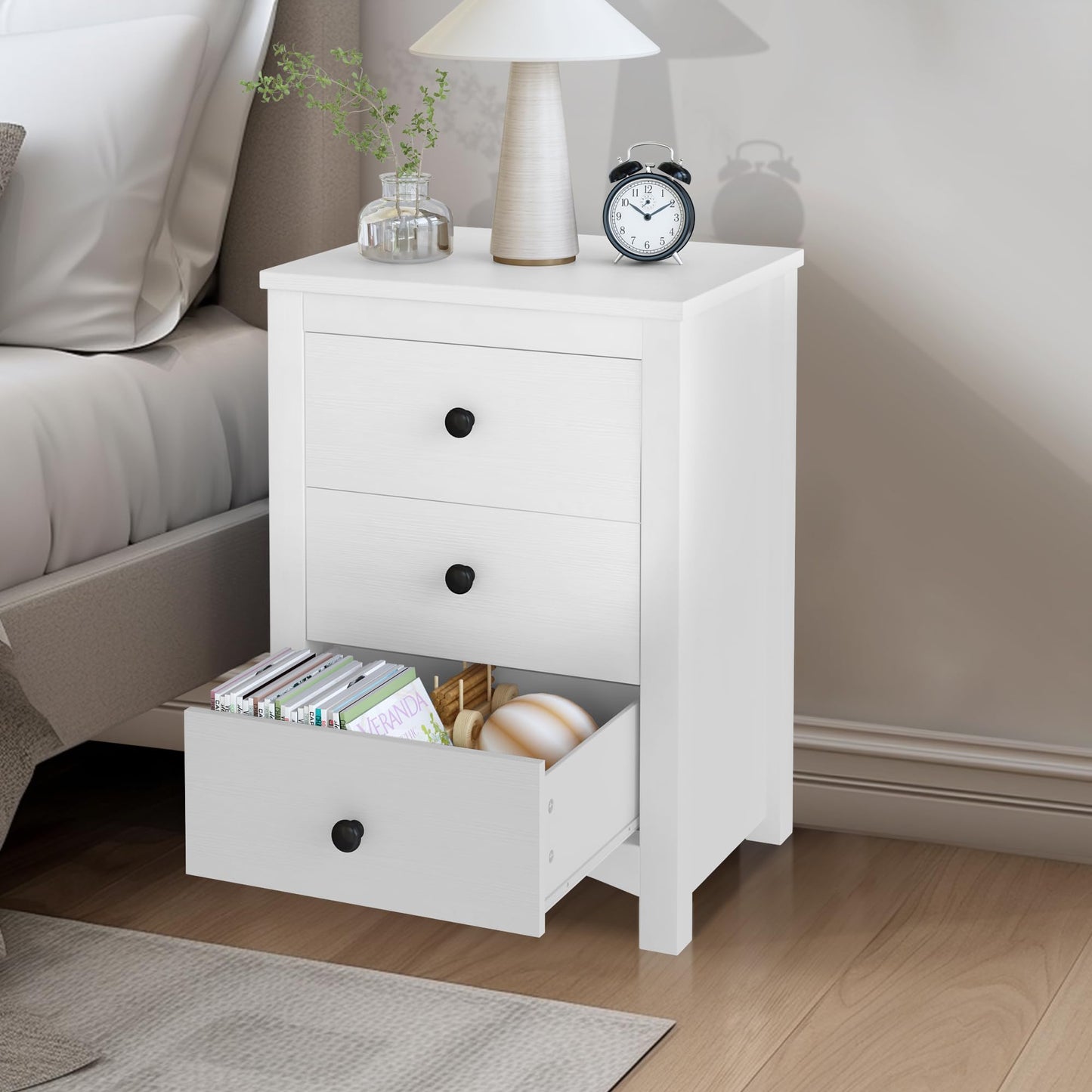 DKLGG White Nightstand Set of 2, Modern Dresser with 3 Drawers, Set of 2