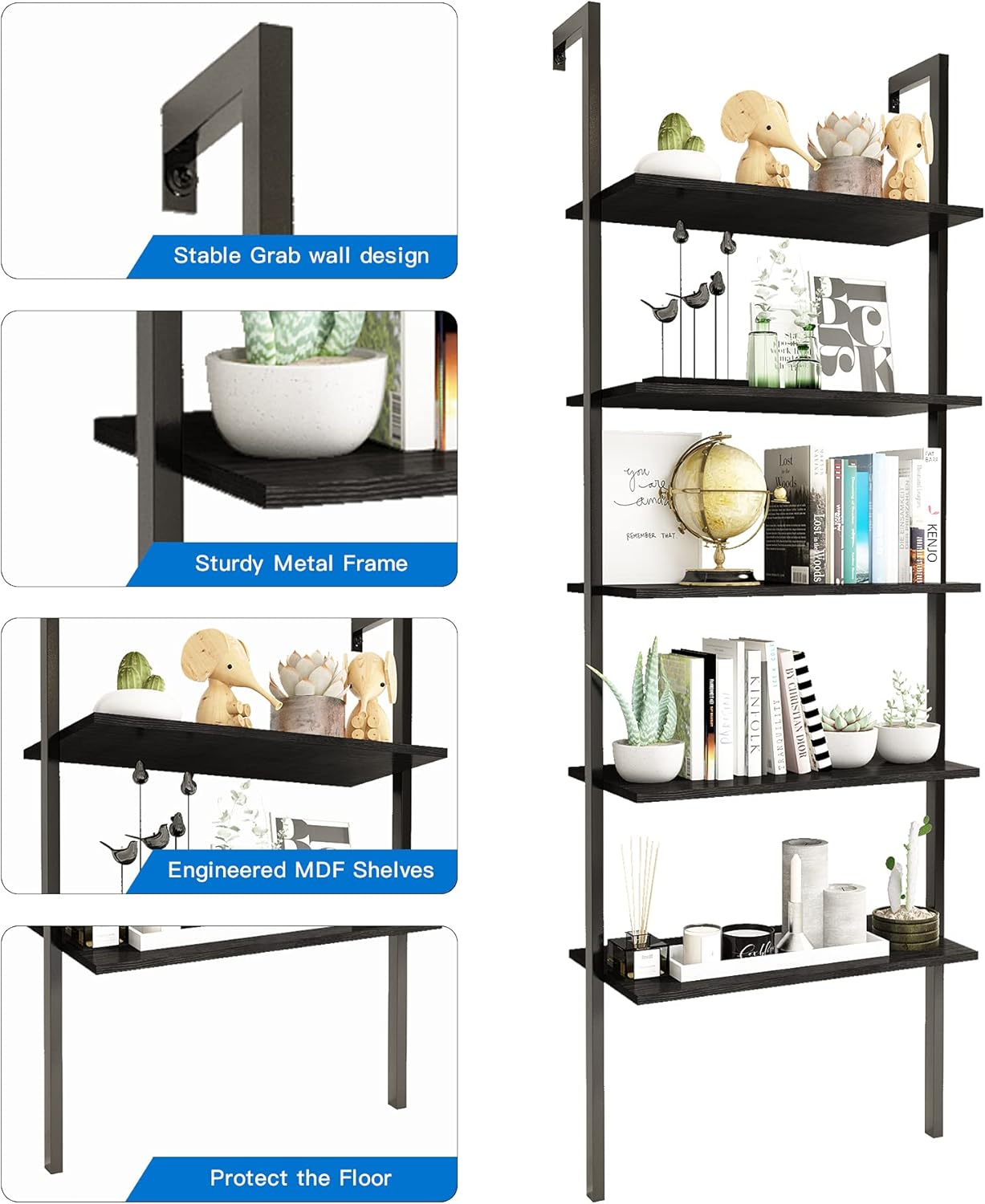 DKLGG 5-Tier Wall Mounted Bookcase - Industrial Ladder Shelf for Home Organization