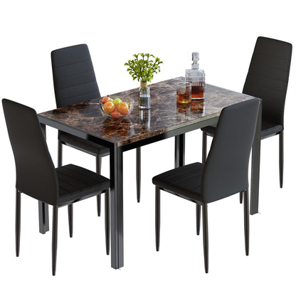 DKLGG Stylish 5-Piece Dining Table with 4 PU Leather Chairs – Faux Marble Finish