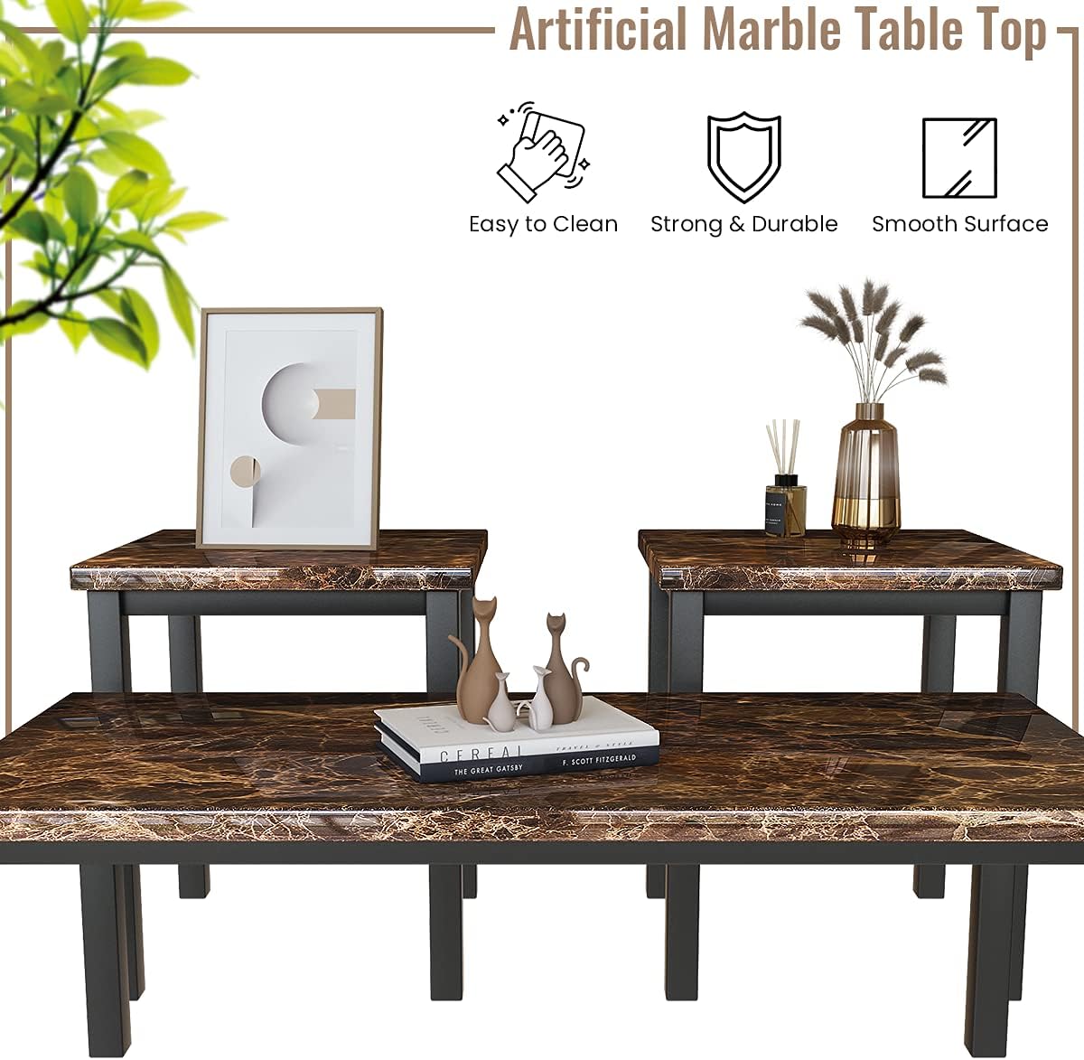 DKLGG Modern Artificial Marble Coffee Table Set - 3-Piece Living Room Table Set for Chic Decor