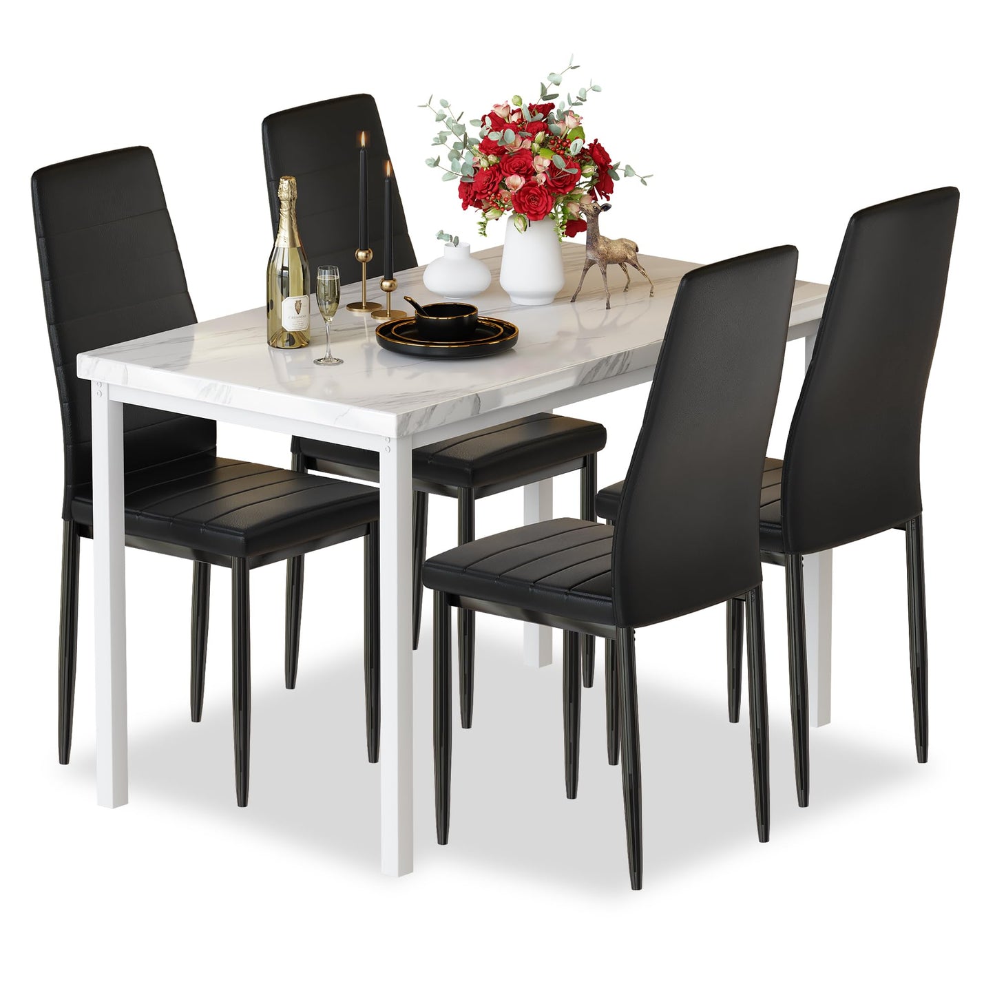 DKLGG Stylish 5-Piece Dining Table with 4 PU Leather Chairs – Faux Marble Finish