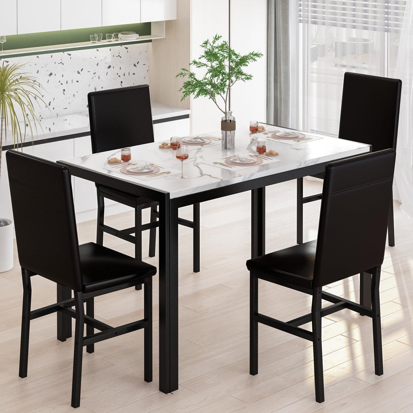 DKLGG 5-Piece Faux Marble Dining Table Set for 4, Space-Saving Design