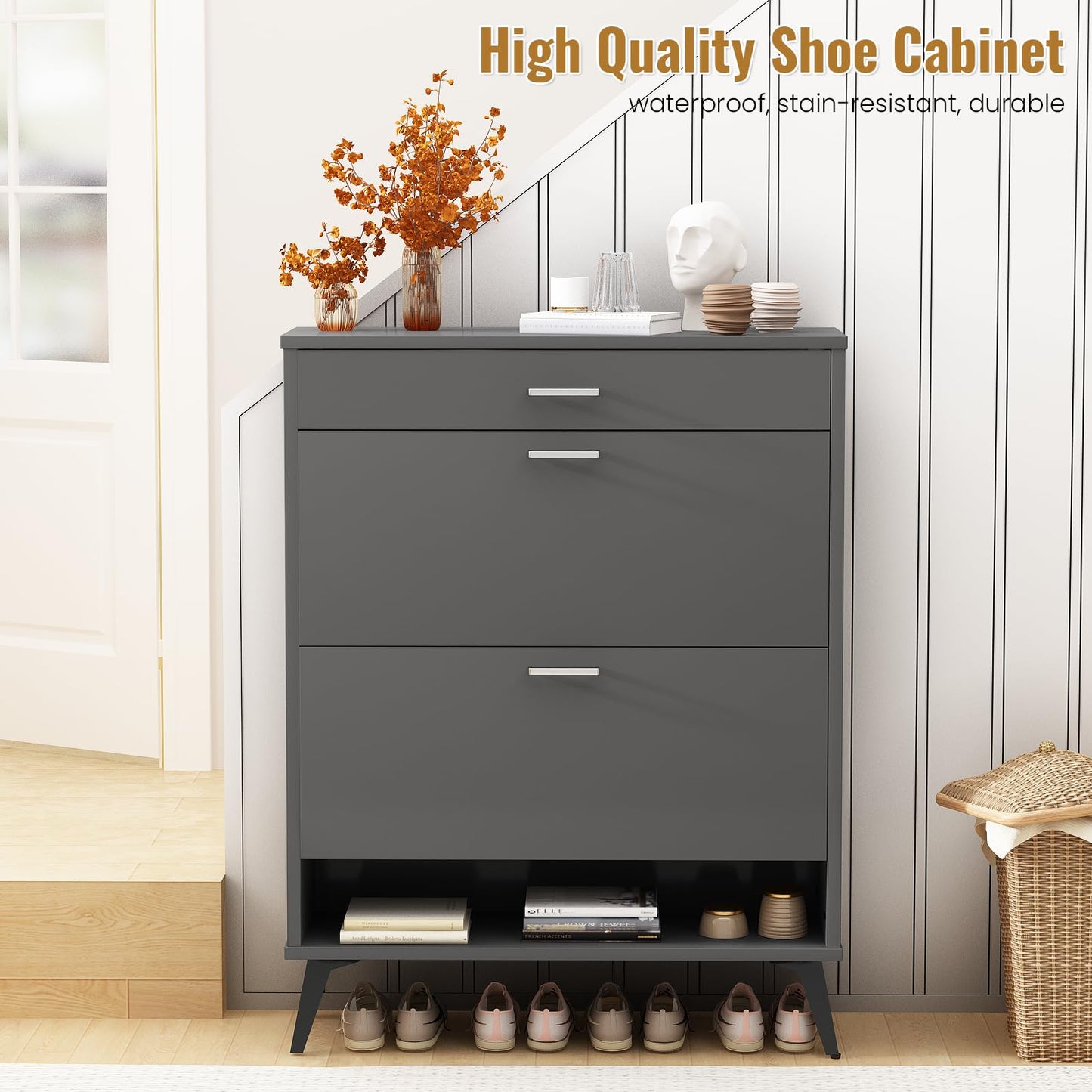 DKLGG Entryway Shoe Cabinet - Freestanding Gray Organizer with 2 Flip-Flop Drawers