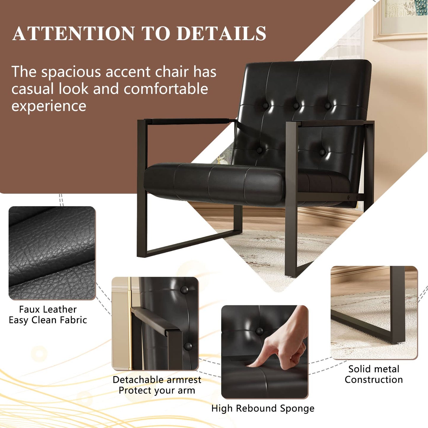 DKLGG Modern Upholstered Chair in Black - PU Leather Single Chair for Cozy Living Spaces