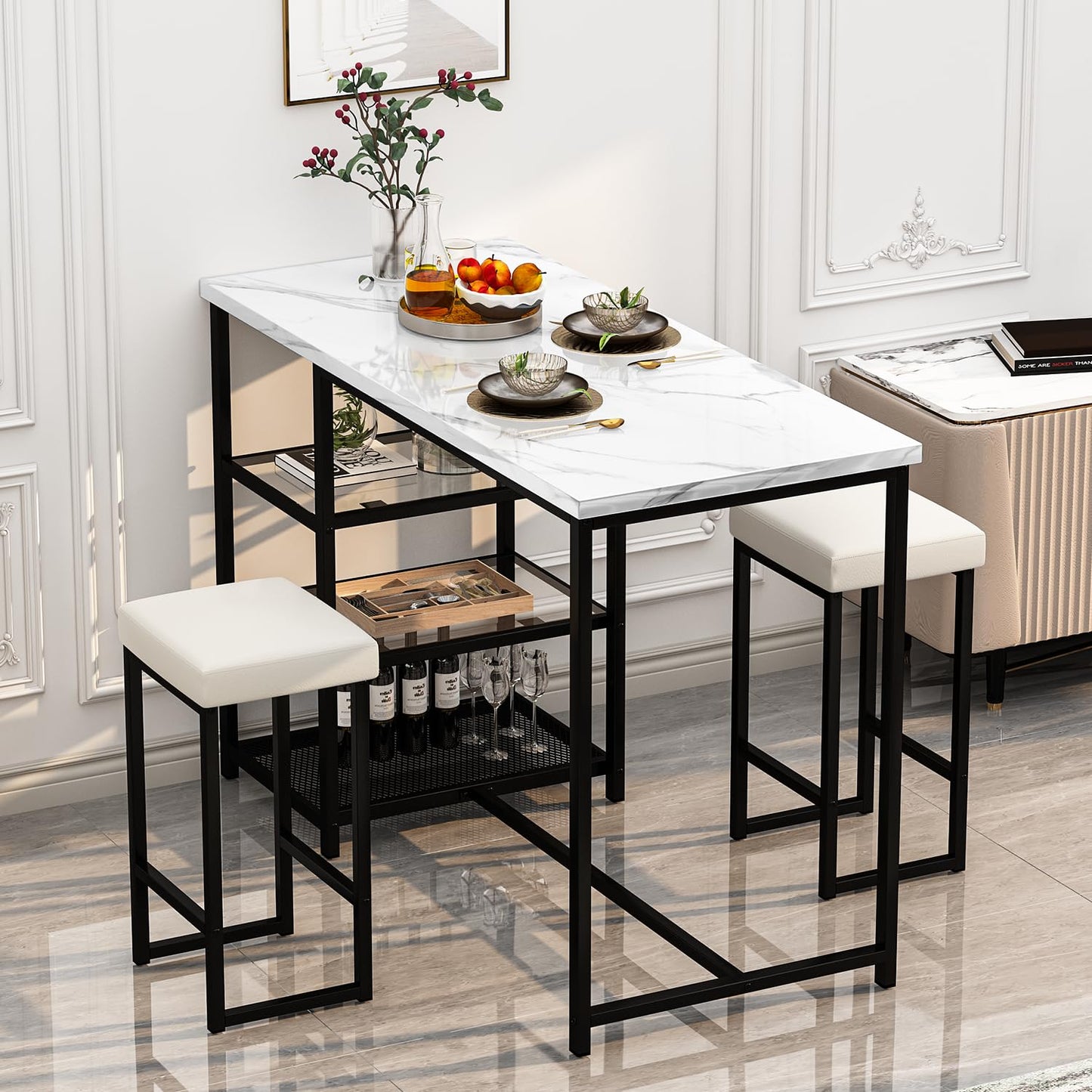 DKLGG Elegant Bar Table Set of 2 - Space-Saving Faux Marble Dining Table with Convenient Storage