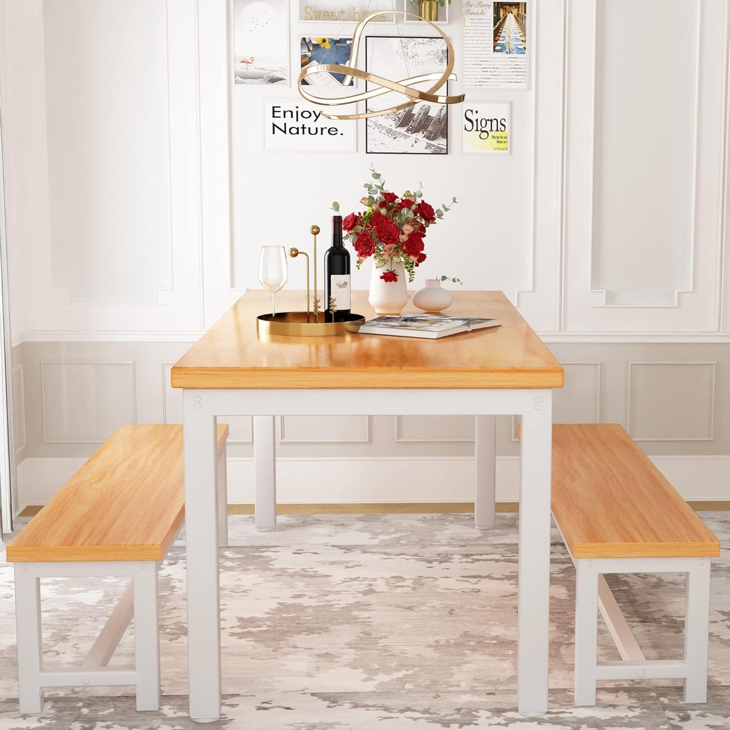 DKLGG Elegant Beige Dining Set - Spacious Kitchen Table with Two Benches for Cozy Family Dining