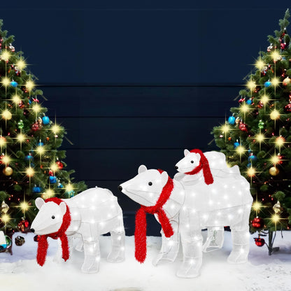 DKLGG 3-Piece Polar Bear Family Christmas Decoration with 210 LED Lights for Outdoor & Indoor Use