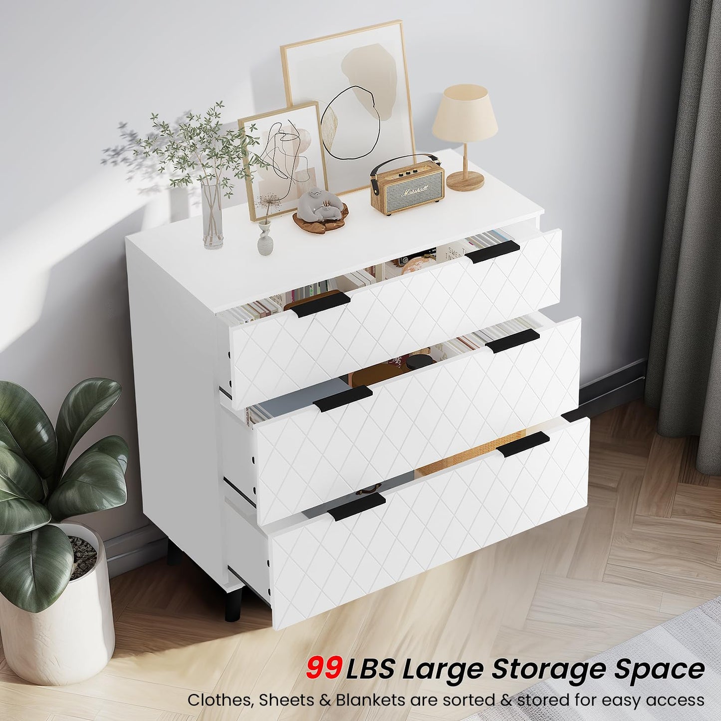 DKLGG Contemporary White Dresser – 3 Drawer Chest for Elegant Bedrooms