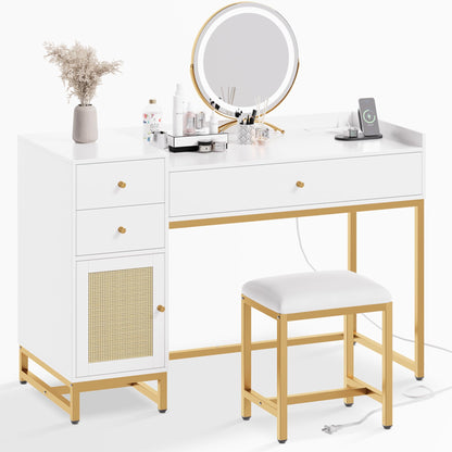 DKLGG Elegant White & Gold Dresser with Stool - Rattan Vanity for a Glamorous Look