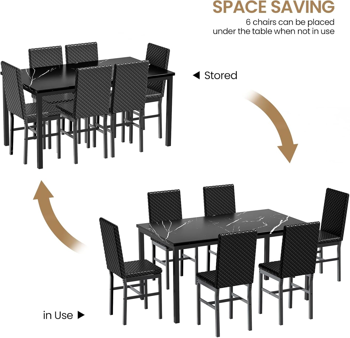 DKLGG 7-Piece Large Modern Faux Marble Kitchen Dining Table and Chairs - Stylish and Practical