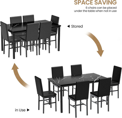 DKLGG 7-Piece Large Modern Faux Marble Kitchen Dining Table and Chairs - Stylish and Practical