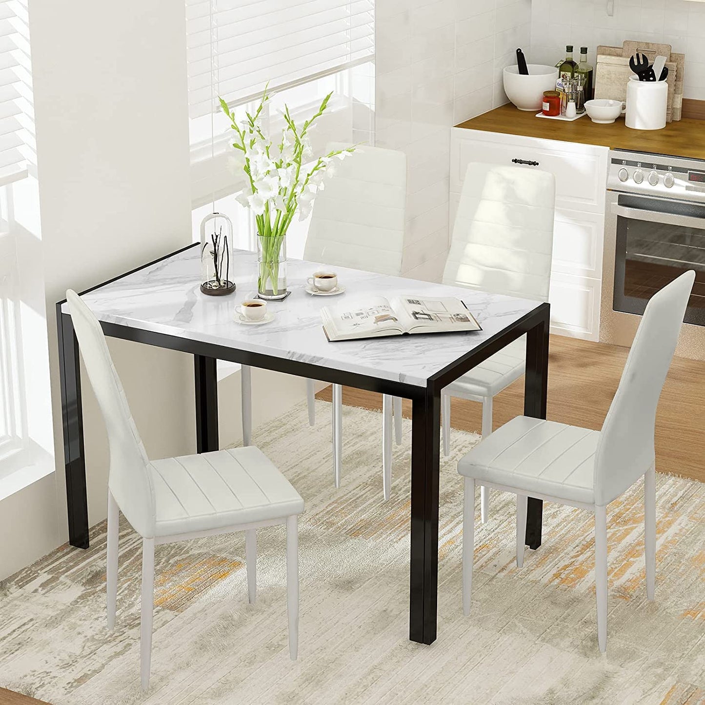 DKLGG Stylish 5-Piece Dining Table with 4 PU Leather Chairs – Faux Marble Finish