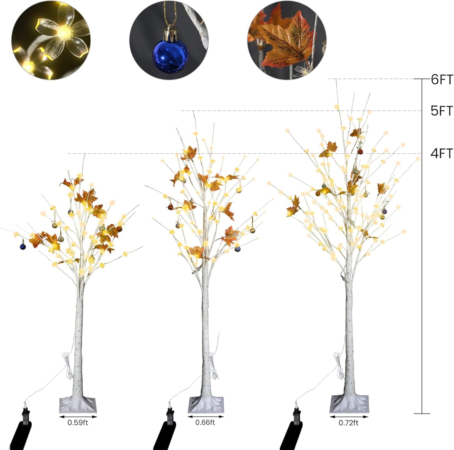 DKLGG Festival Tree Set - 3 White Betula Trees with Lights for a Magical Holiday Atmosphere