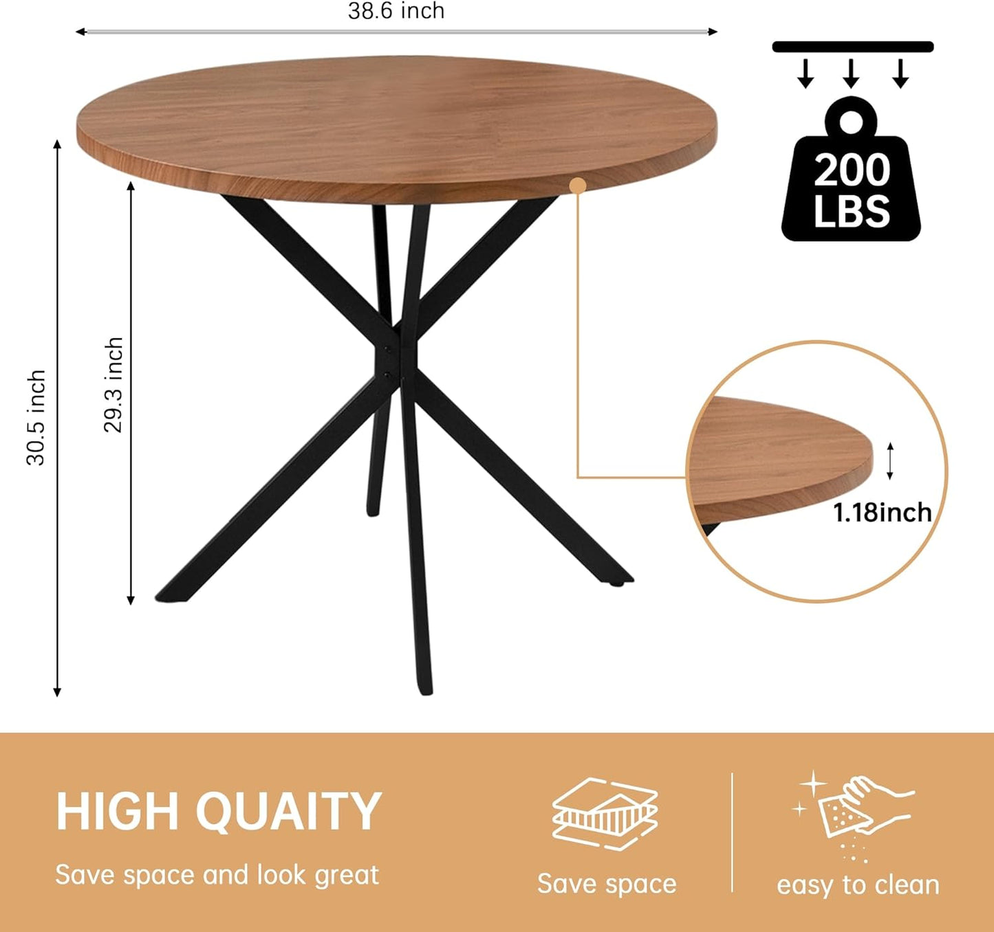 DKLGG 39-Inch Round Walnut Dining Table, Mid-Century Modern Style, Seats 4-6