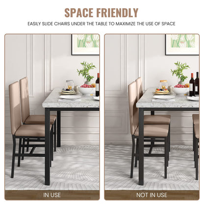 DKLGG Faux Marble Dining Set for 4 - 5-Piece Table and Leather Chairs in Elegant Khaki